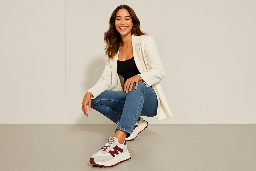 Mujer con tenis Supercampo blancos con vinotinto